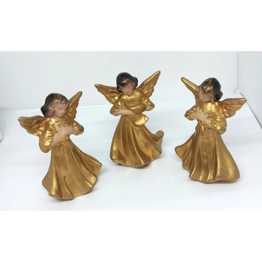 Vintage Set of 3 Christmas Angel Figurines Japan MCM Metallic Gold Hand Painted